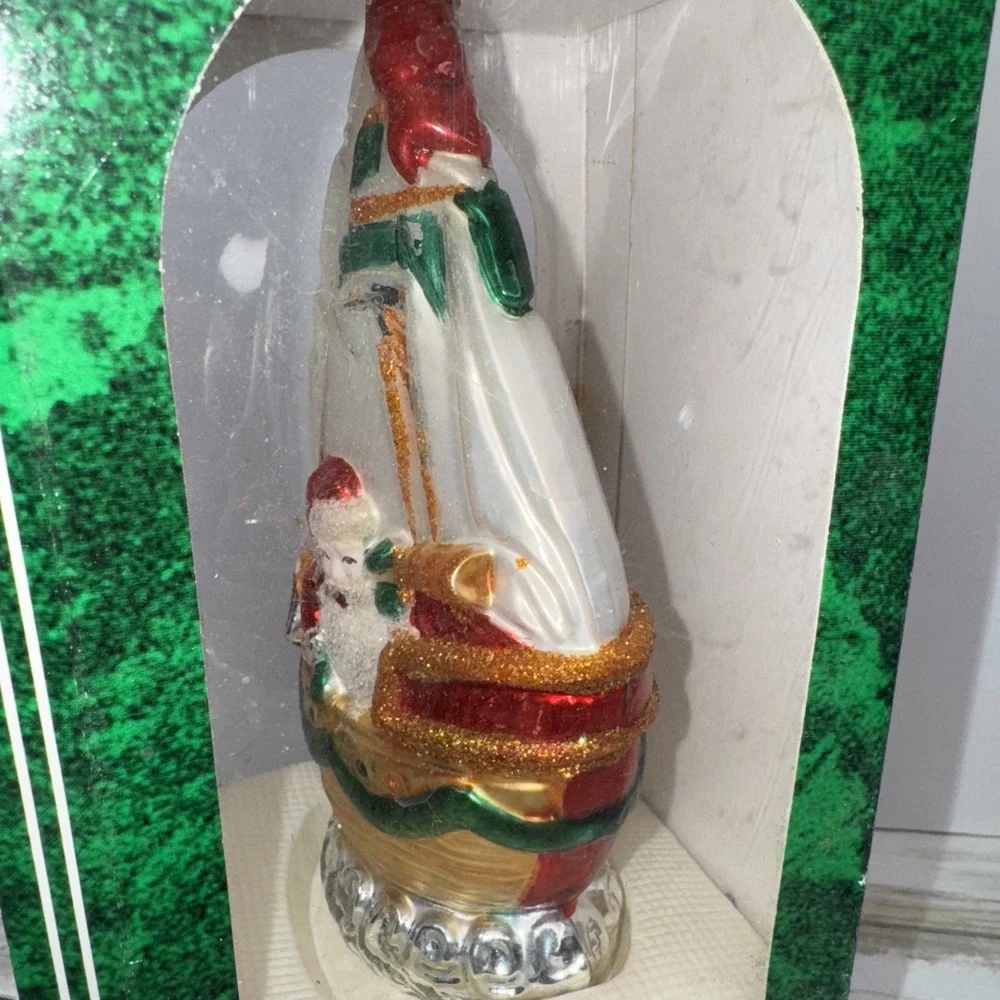 Vintage Santa's Best Blown Glass Christmas Ornament Nautical Santa boat 6.5